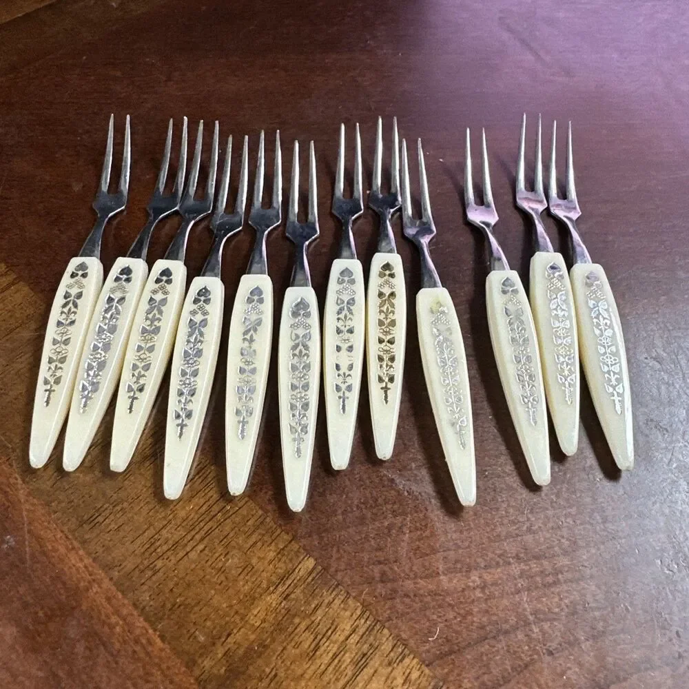 Vintage Mini Fork Stainless Steel With Decorative Handles Set Of 12 Appetizers